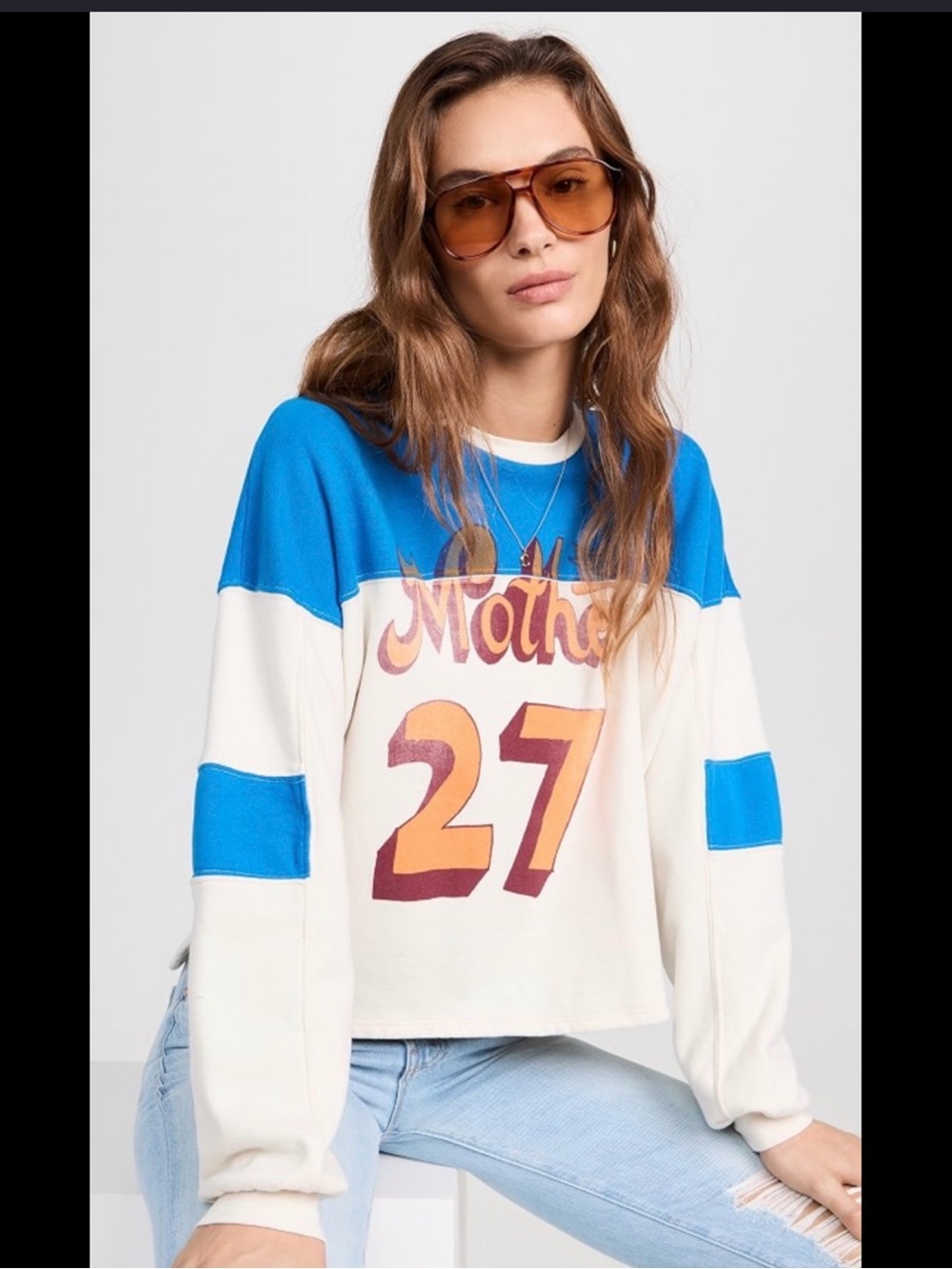 MOTHER The Champ 27 Blue & Cream Graphic Cropped Sweatshirt